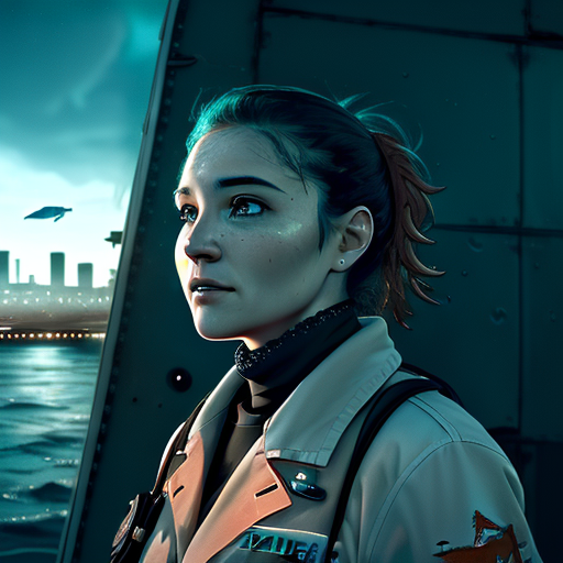 A distressing image of the marine biologist, with the brilliantly-lit city in the background, as she watches the invaders breach their sanctuary, determination brimming in her eyes.